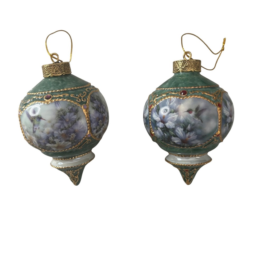 Heirloom Porcelain Hummingbird Floral Ornaments Set of 2 Green Gold 68612